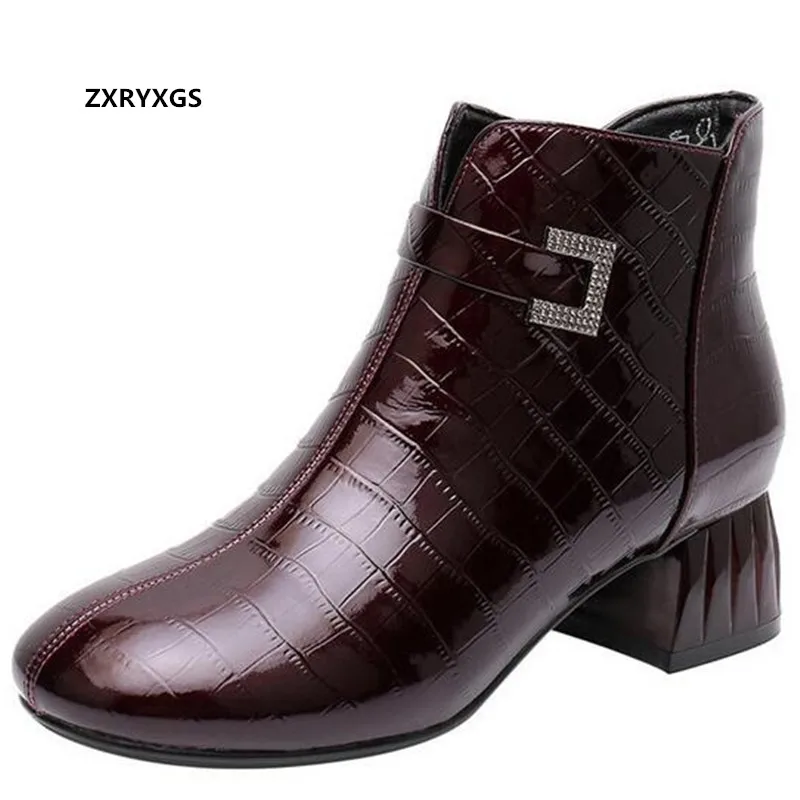 

First Layer Cowhide Patent Leather Women Shoes Fashion Boots Thick Heel Plus Size Non-slip Martin Boots Winter Boots Warm Boots