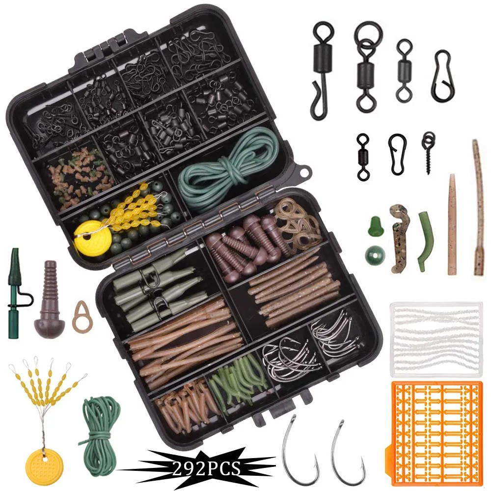 Unids/caja de accesorios de pesca de carpa, kit de aparejos, funda antienredo, clips de plomo, herramienta de conector giratorio de carpa de pesca mate, 292
