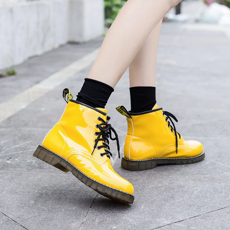 Glitter Leather Boots Yellow Black Combat Boots For Women New White Martin Ankle Boots Women Platform Lace Up Punk Boots