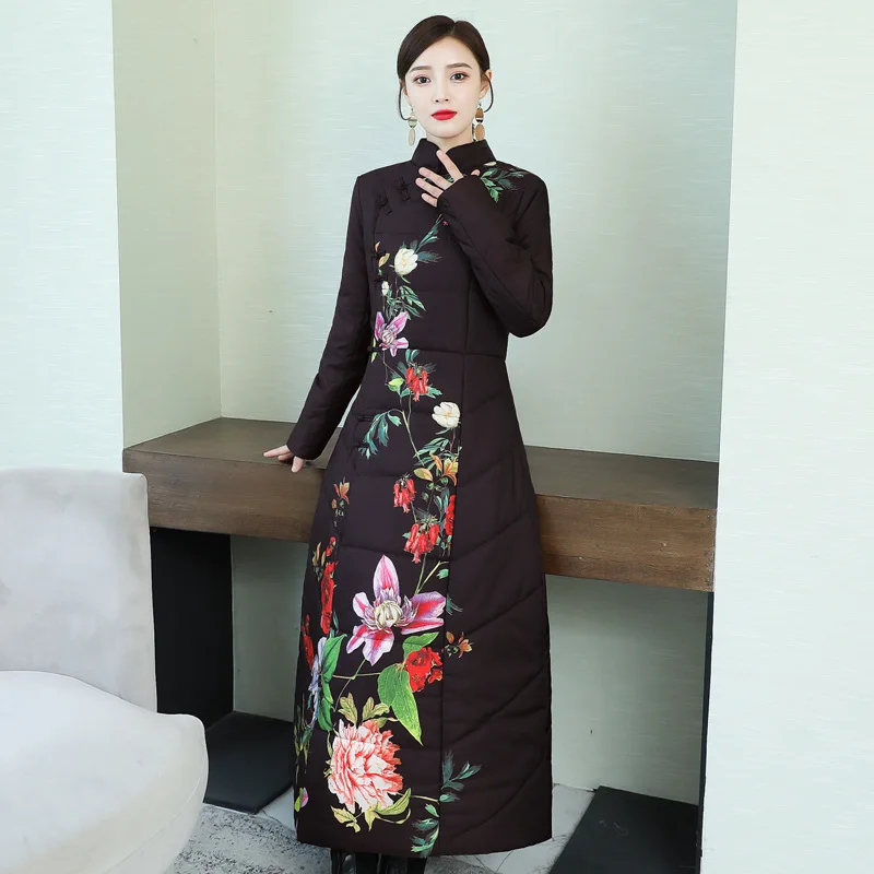 

2019 Winter New Style Retro Chinese-style Women's Exta-long over-the-Knee Ethnic-Style Printed Long down Feather Cotton Overcoat