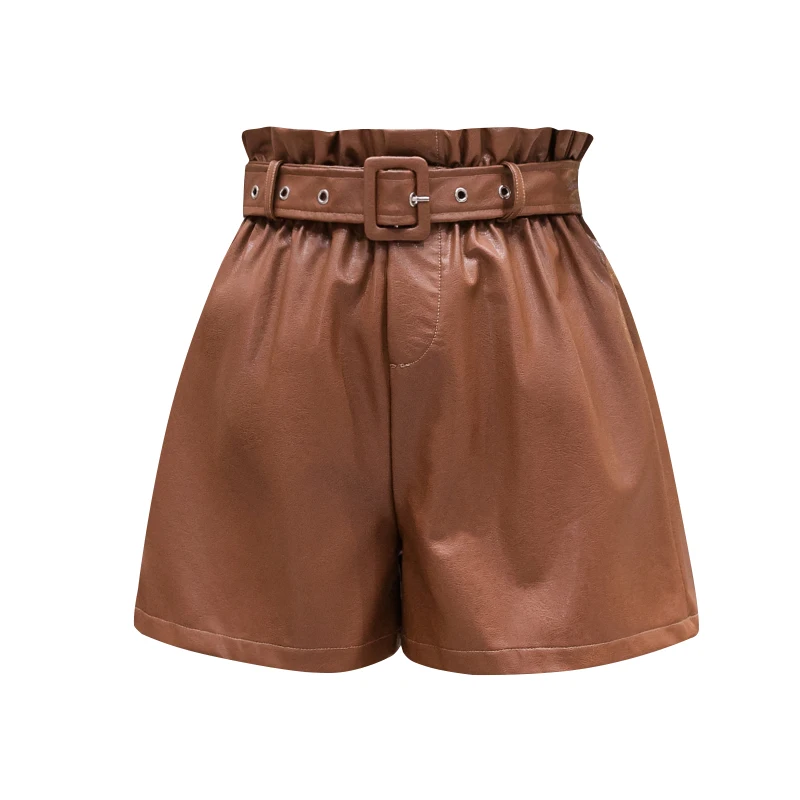 PU Leather Wide-legged Shorts With Slashes Women Empire PU Shorts Girls A-line Faux Leather Shorts Bottoms BH6191