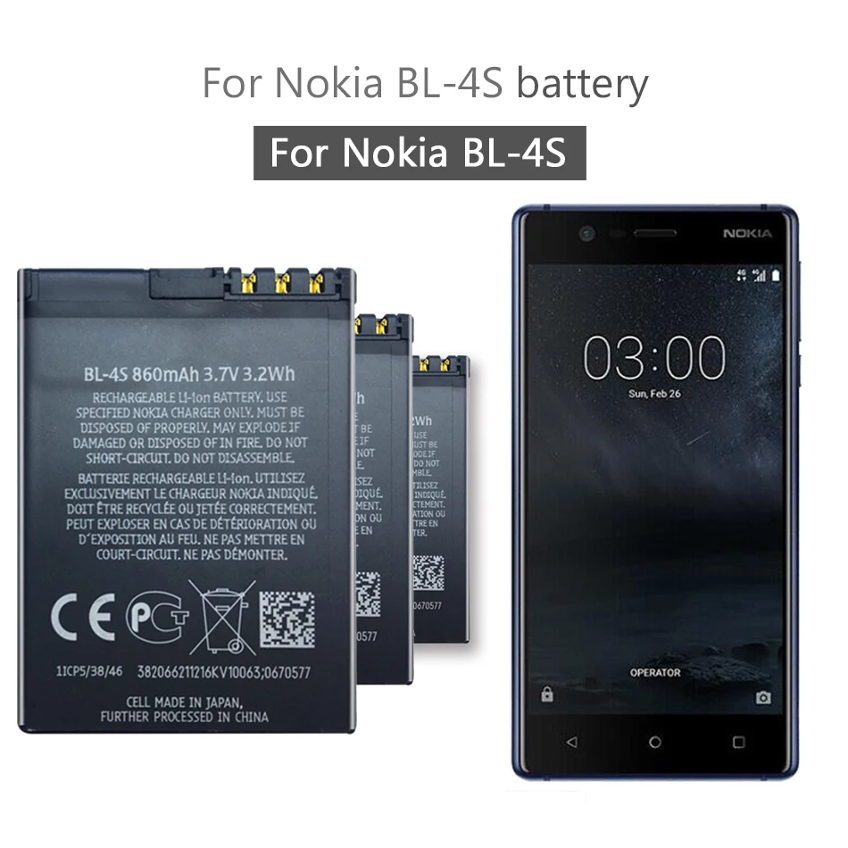 

BL4S BL-4S Battery For Nokia 2680s 3600s 3602S 3711 6202c 6208c 7020 7100s X3-02 2680S battery