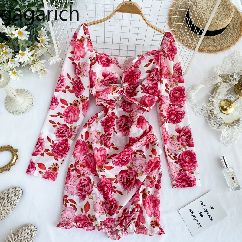 Gagarich Women Elegant Dresses Femme Sweet Floral Print Pleated Irregular Short Vestidos Spring Square Collar Full Dress Fairy Gagarich Women Elegant Dresses Femme Sweet Floral Print Pleated Irregular Short Vestidos Spring Square Collar Full Dress Fairy