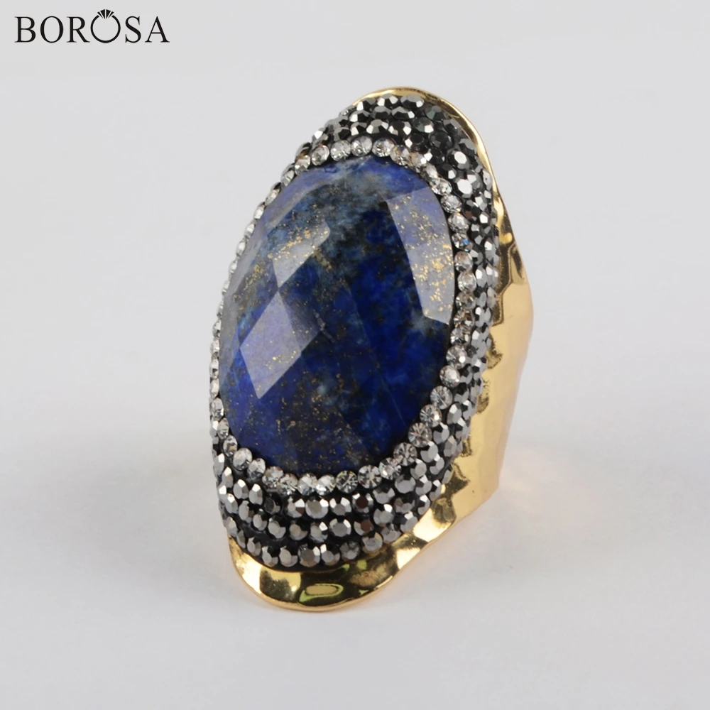 BOROSA, 5 шт., модное, мульти-вид, натуральные камни, Золотое кольцо, бирюза, Кристальные кольца, регулируемые стразы, кольцо для женщин, JAB981-1 - Цвет основного камня: Lapis Lazuli