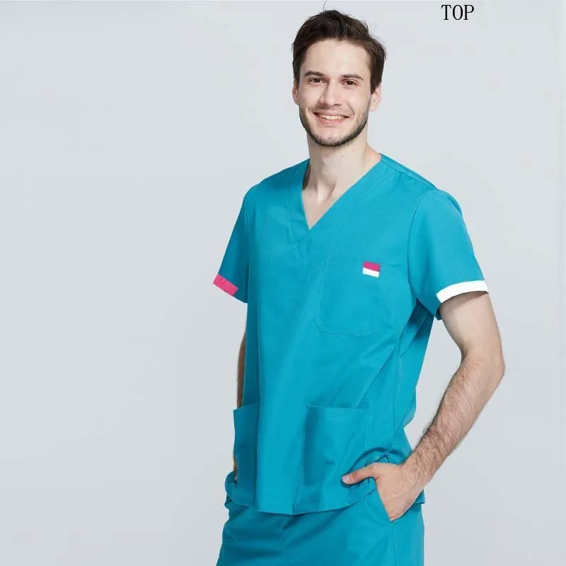 Мужская медицинская униформа, чистый хлопок, короткий рукав, топ, доктор, одежда для медсестер, Классическая рубашка с v-образным вырезом, цвет блокирует дизайн(только топ - Цвет: lake blue