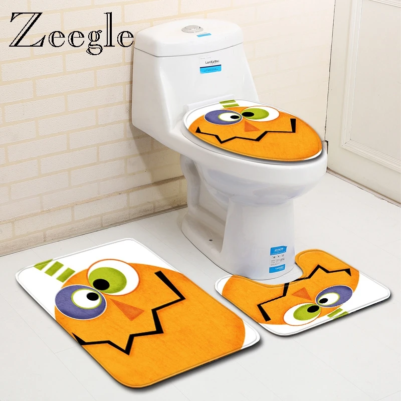 Zeegle Halloween Home Bathroom Carpet Set Bath Decoration Soft Microfiber Mat Anti-slip Toilet Foot Rug Toilet Cover Shower Mat