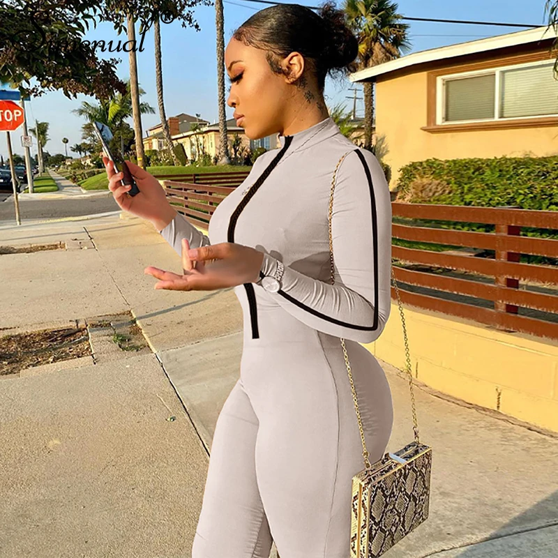 

Simenual Zipper Ruched Stacked Jumpsuits Women Long Sleeve Sporty Workout Active Wear Casual One Piece Outftis Bodycon Romper