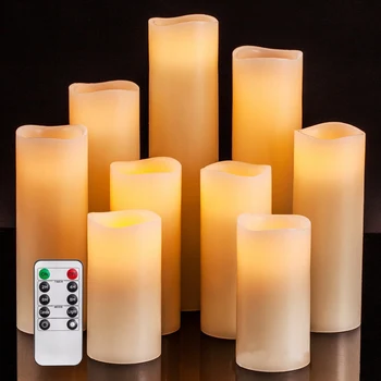 

Promotion! Flameless Candles Set Of 9 Ivory Dripless Real Wax Pillars Include Realistic Wick LED Flames and 1 Remote Control