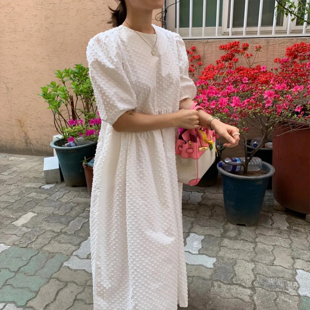 Women Long Dress 2021 Summer Casual O-neck Puff-Sleeve Oversize Dots Elegant Female Dress Ladies Loose Vestidos Femme 9941