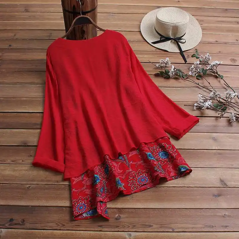Plus Size Asymmetrical Tunic Women's Print Blouse ZANZEA Fashion Patchwork Tops Long Sleeve Spring Shirts Female Button Blusas
