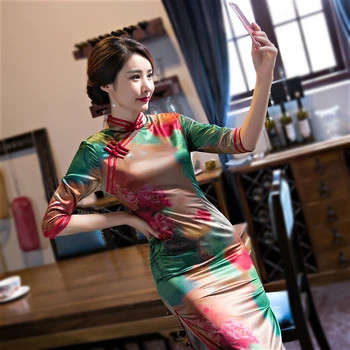 

Sheng Coco 2020 cheongsam Women Long Dress qipao Chinese Style Long Sleeve Clothing Printing Vintage Evening Gowns
