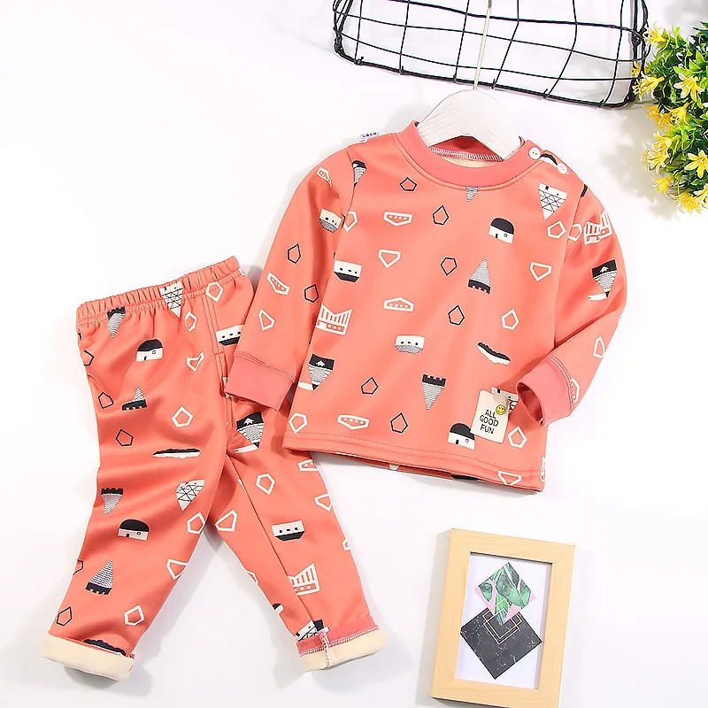 Детская одежда для сна; коллекция года; зимняя одежда для маленьких девочек; комплект детского термобелья; бархатная утепленная Пижама для маленьких мальчиков - Цвет: pink1