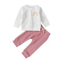 

Toddler Baby Long Sleeve Round Neck Rainbow Tops Trousers Elastic Waist Drawstring Classic Round Neck Autumn Spring Clothing