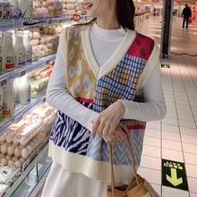 

Women Irregular Knitting Vest Contrast Color Leopard Loose New V Collar Sleeveless Y2k Vest Spring Autumn 2021 Vintage Sweater