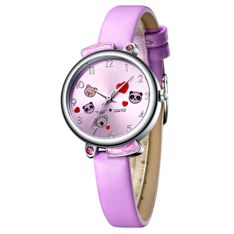 Baratos Reloj para niños KDM 2019 moda Casual estudiante niña niño reloj lindo Panda de dibujos animados impermeable reloj de cuero genuino para niños