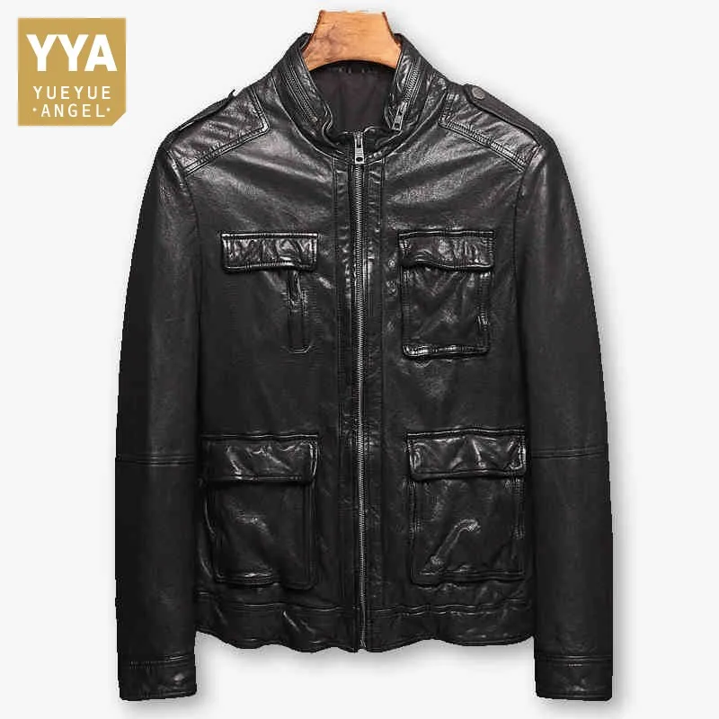 

High Quality Men Italian Leather Jacket Sheepskin Casual Motorcycle Biker Coat Male Streetwear Black Outerwear Plus Size 4XL