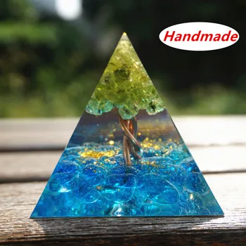 

Blue Crystal 50MM Orgone Pyramid Peridot Cristal Tree of Life Copper Wire Reiki Energy Healing Crystal Handmade Natural Stone