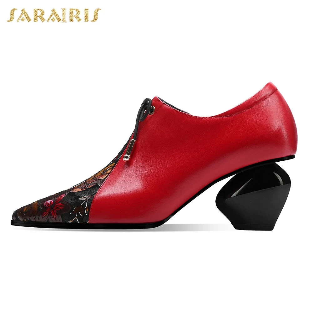 

Sarairis 2020 New Fashion Genuine Leather Shoes Woman Pumps Female Strange Style Pointed Toe Lace-Up Classics Pumps Women