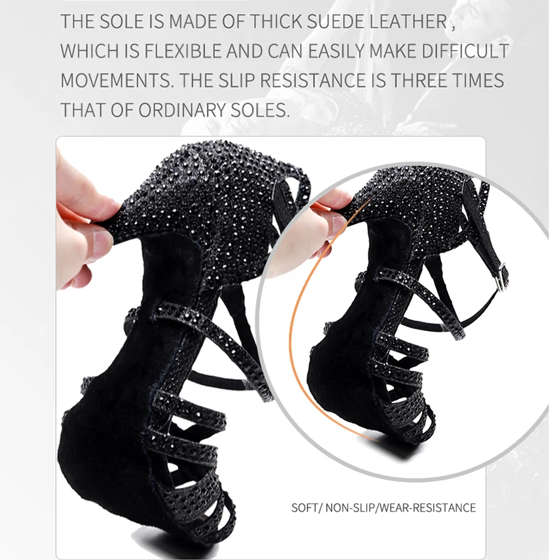 Women  rhinestone Latin Dance Shoes Black High Heel Ballroom Latino Dancing Shoes For girls Salsa Dancing Shoes For Party