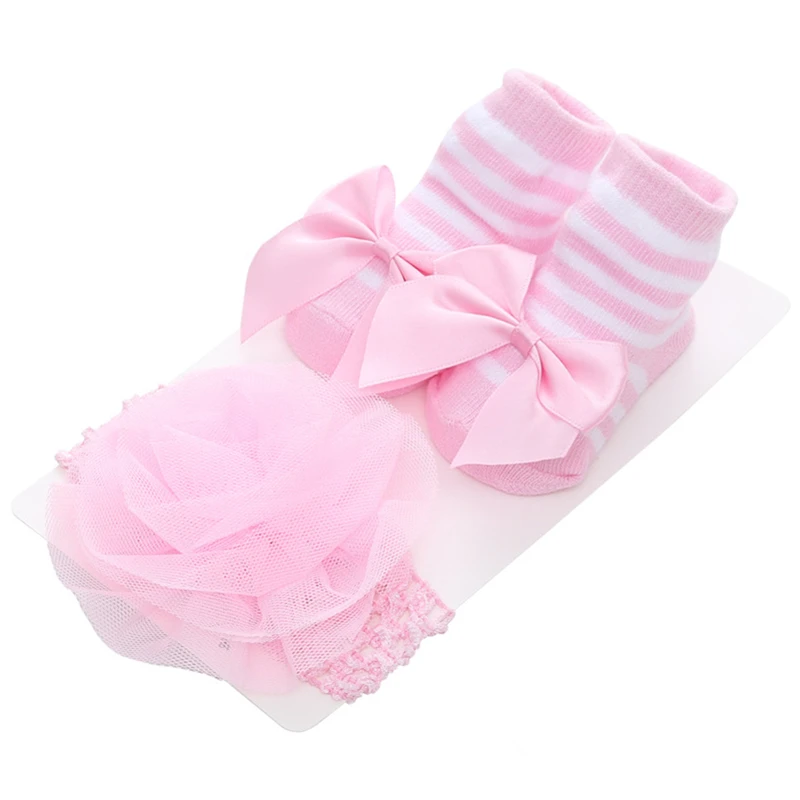 Новое поступление, головная повязка для новорожденных, цветочные кружевные детские носки милые хлопковые носки принцессы с бантом для малышей+ повязка на голову, аксессуары для девочек - Цвет: As photo shows