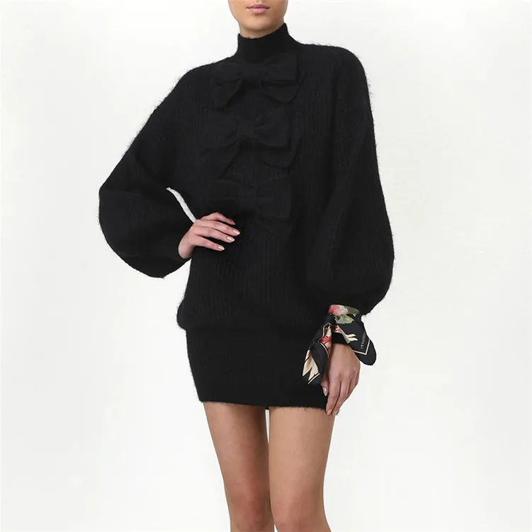 Женское черное платье-свитер большого размера осень зима банты втулка облегающее мини-платье Сексуальная сумка на поясном ремне вязаное платье