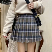 Lychee, Harajuku, клетчатая плиссированная Женская юбка, повседневная, свободная, трапециевидная, высокая талия, мини, женские юбки, весна, лето, осень, женская нижняя часть
