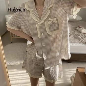 

Hot Loose Pajamas Suits Home Clothes 2020 Plaid Soft Chic Sweet Minimalist Ruffles Shorts Leisure Fashion Sleepwear