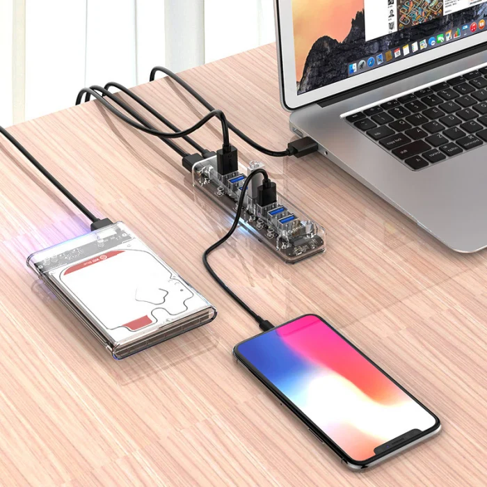 7-портовый прозрачный Настольный концентратор USB3.0 жесткий диск для ноутбука преобразователя One Drag Four расширитель FKU66