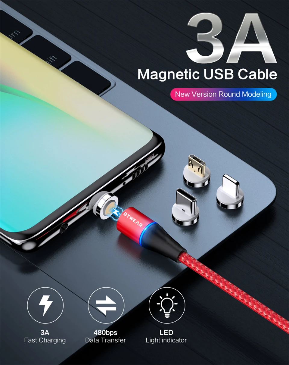 BTwear Магнитный usb-кабель для зарядки 3,3 фута/1 м с разъемами Micro usb type C IOS 3 в 1 зарядный кабель-адаптер для iPhone huawei