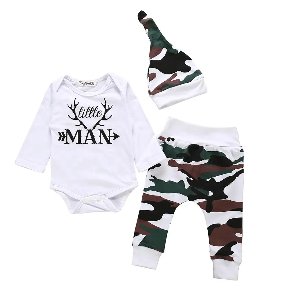 3Pcs Newborn Toddler Baby Boy Autumn Clothes Little Man Print Tops Romper Camouflage Pants Hat Outfits Set |