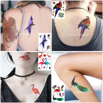 

Nu-TATY Oil Painting Animals Bird Series Tattoo Stickers 8 Pattern Colorful Flamingos And Parrots Charm Girl Style Stickers