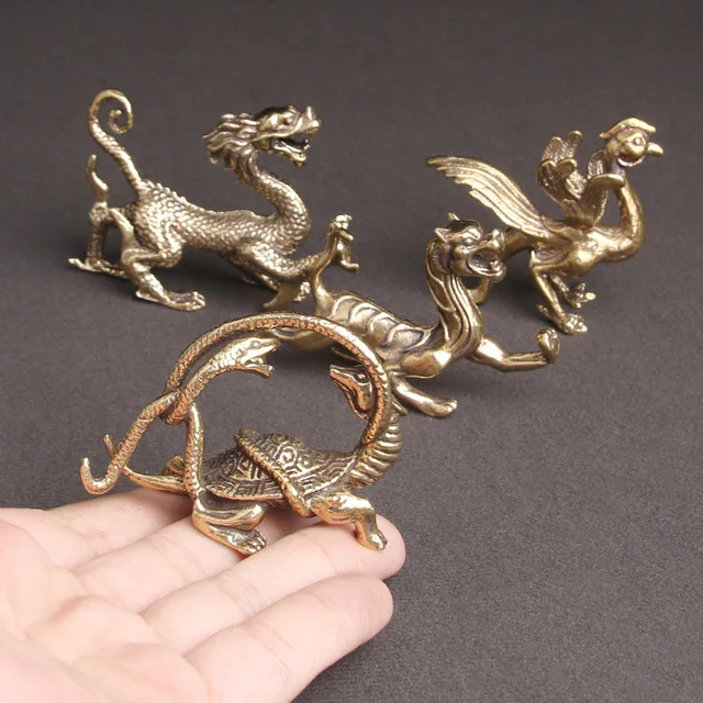 Sárgaréz Kínai Négy Isten Vadállatok Díszek Zöld Sárkány Fehér Tigris Vermilion Madár Fekete Teknős Fengshui Réz Mini Figurák - Image 3