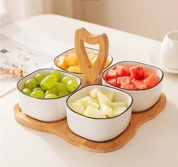 

Japanese Ceramic Fruit Dessert Plate with Wooden Tray Living Room Dried Fruit Plate Candy Box Salad Bowl Classify Snack Dishes