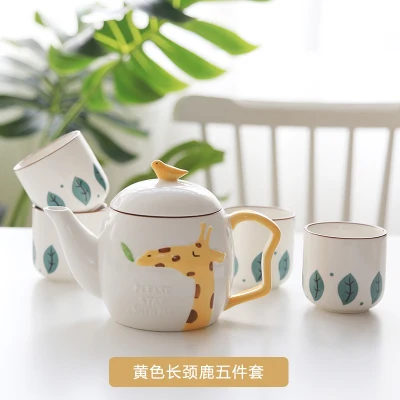 4cups1potA Мультяшный керамический чайник бутылка для воды набор бытовой фарфоровый чайный сервиз Милая чашка чайный кофейник, набор прекрасный Рождественский подарок Быстрая отправка - Цвет: 4cups1potA
