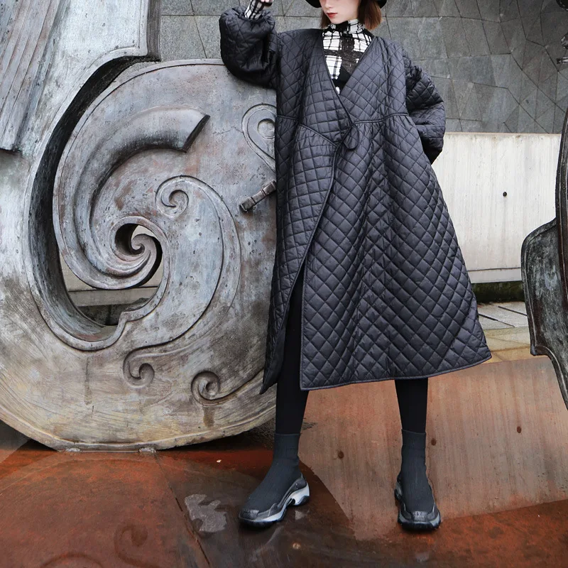 Новинка, зимнее женское пальто большого размера, винтажный буф с рукавами, клетчатая парка, Корейская черная хлопковая куртка, осеннее пальто, уличная одежда