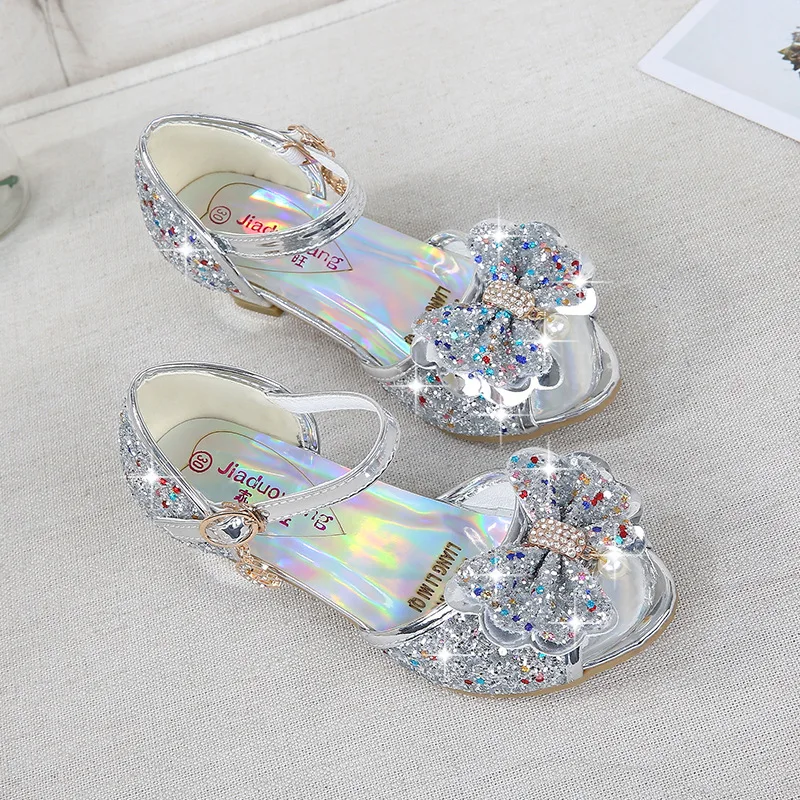 ULKNN Kids Leather Shoes for Girls Flower Casual Glitter Children High Heel 2021 Girls Shoes Butterfly Knot Blue Pink Silver children's sandals