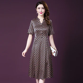 

Temperament Mom Slim Silk Dress Women Vestidos Elegantes Plus Size 5xl Middle Aged Dot Print Female Dresses Short Sleeve