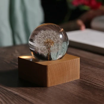 

Dandelion Crystal Glass Resin Lens Ball Real Natural Plants Specimen Feng Shui Flower Christmas Gift Beech Wood Stand Home Decor