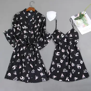 

New Women Robe Gown Sets Ladies Satin Lace Long Sleeve Robes Nightdress Silk Pyjama Sets Two-Pieces Sleepwear Lounge Sets Pijama