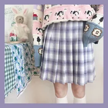 Японская женская фиолетовая белая клетчатая плиссированная юбка с высокой талией, весна-осень, Милая юбка принцессы для девочек-подростков, студенческий стиль