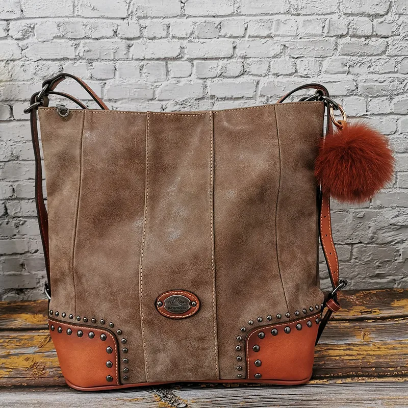 Брендовые сумки из натуральной кожи женские винтажные сумки высокого качества большие сумки-шопперы для женщин сумки на плечо - Цвет: Brown with Ball