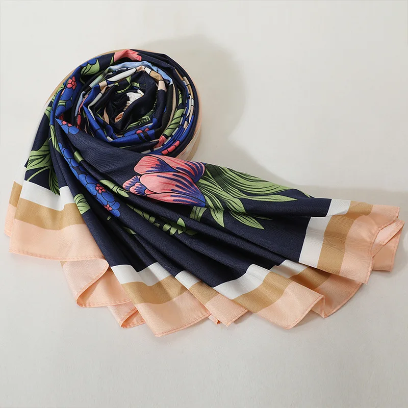 

2019 New Scarf Flower 130cm Square Hanky Silk Oversized Printed Towel Shawl Pashmina Wrap Stole Poncho Headand Women Scarf