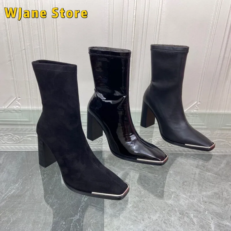 De Moda Casual De La Mujer Chelsea Botas De Gamuza De Cuero Genuino Talón Cuadrado Zapatos De Tacón Alto Corto Botines Martin