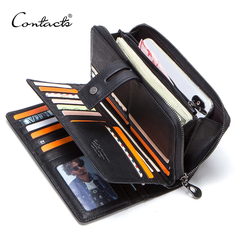 

Contact's Genuine Leather Men Long Wallet With Card Holders Male Clutch Zipper Coin Purse For Cell Phone Business Luxury Wallets