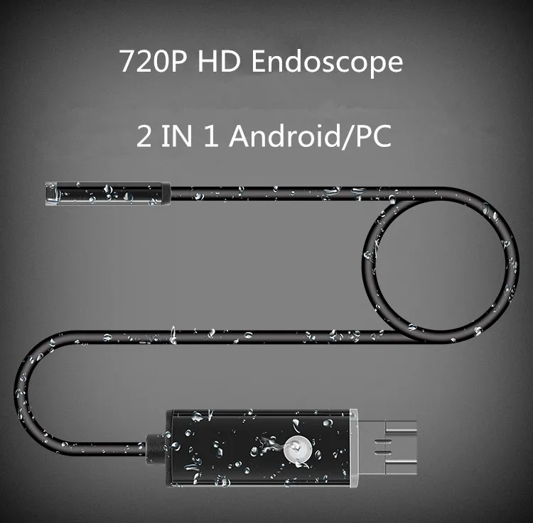 

1m 2m 7MM Lens 2 IN 1 Android/PC 720P HD Endoscope Tube Waterproof Snake Borescope USB Inspection Mini Camera With 6 LED