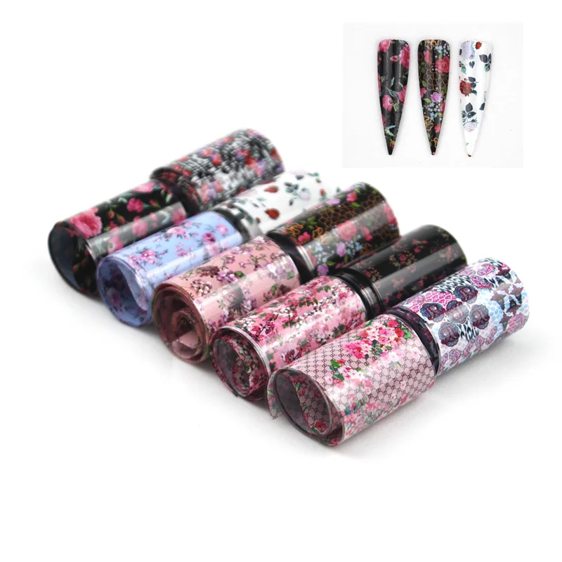 10 Rolls/Box Nail Art Foil Rose Flower Stickers for Nails Transfer Adhesive Wraps Paper Manicure Decoration Nail Decals