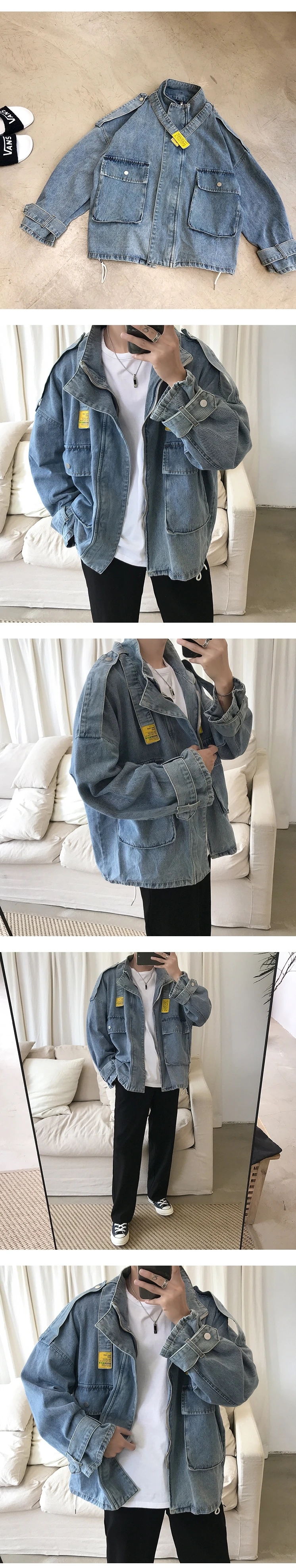 Oversized Jean Cargo Jackets for Men Korean Fashion Trends Streetwear Teenage Autumn Distressed Zip Up Denim Coat Male Clothing mens puffer jacket