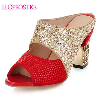

Lloprost ke New Arrivals 2020 Chunky High Heels Summer Sandals Mules Woman Sheos Peep Toe Slip-On Bling Shoes Women Female