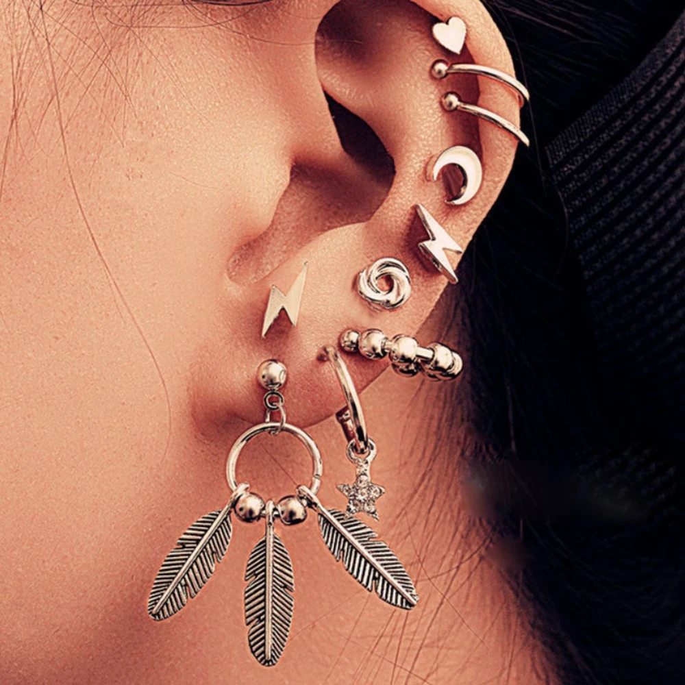 

10 Pcs New Punk Gothic Feather Hollow Cuff Wrap Studs Earrings Set Set Creative Ear Bone Clip