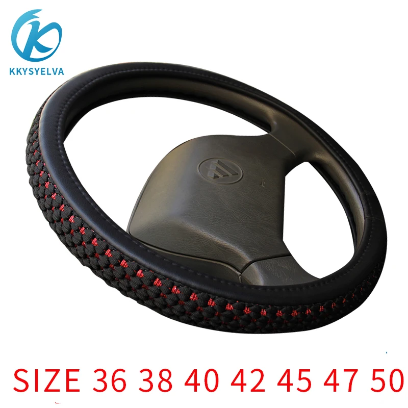 

KKYSYELVA Leather+ Silk car Steering Wheel Covers for Car Bus Truck 36 38 40 42 45 47 50cm Diameter Auto Steering-wheel cover